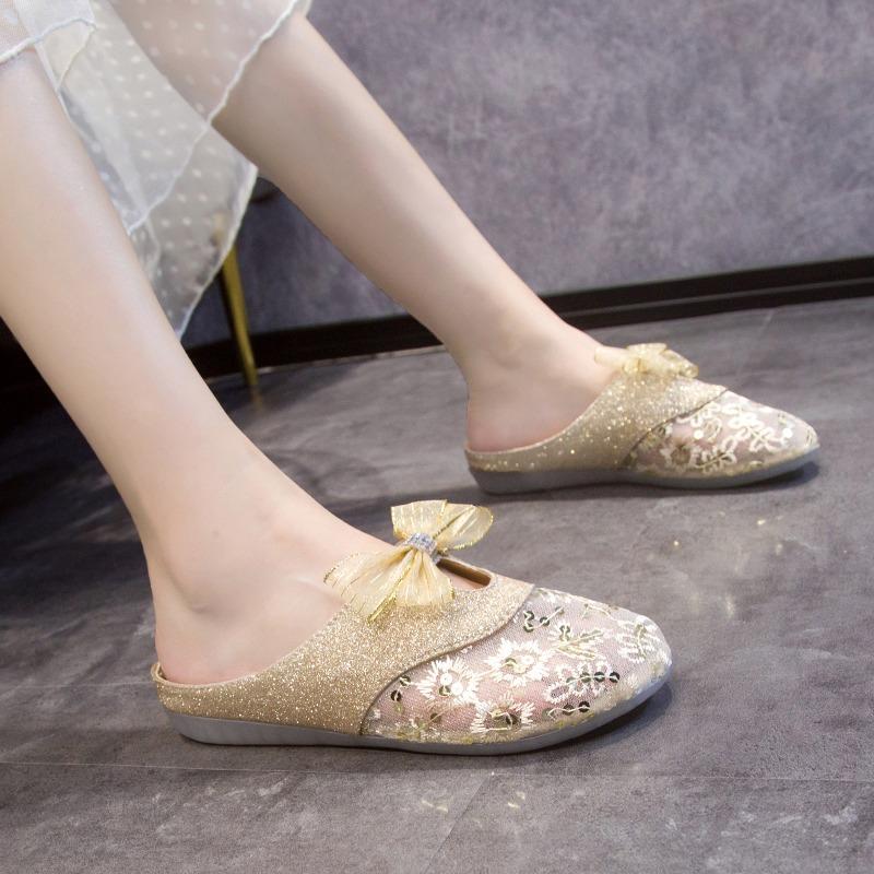 Fashion 2025 New Closed Toe Women's Slippers Fashion Sequins New Mesh Plus Size Summer Outdoor Soft Bottom Butterfly-knot Flat Slippers