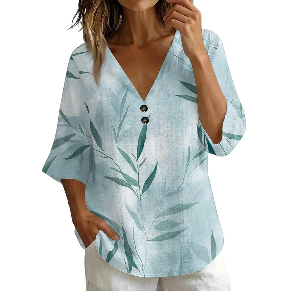 Womens V Neck Vintage Floral Print Loose Fit Short Sleeve Linen Blend T Shirt Lightweight Casual Summer Top with Button Detail
