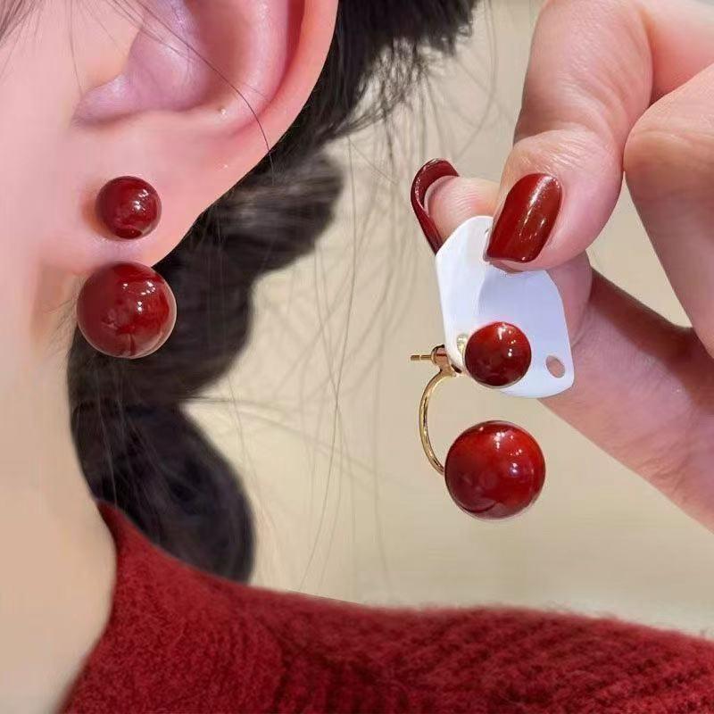 High-End 2025 Two-Way Red Bead Stud Earrings for Women - Fashionable & Versatile