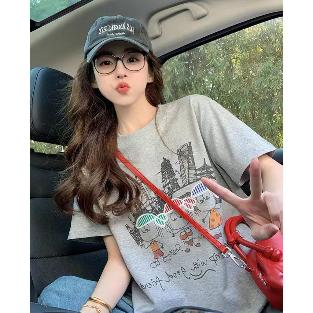 Fashionable, Casual, Versatile, Cute Cartoon Character Printed Loose Short Sleeved T-shirt