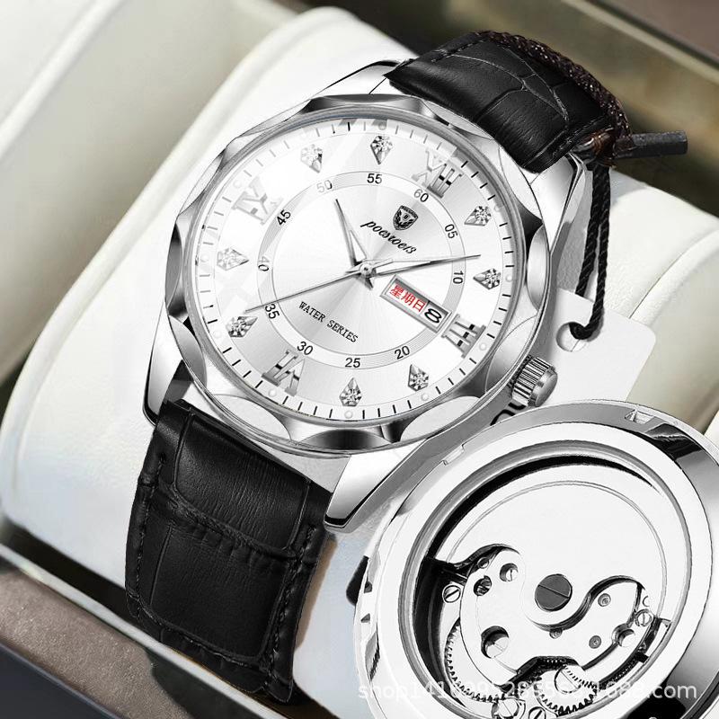 Lysende automatisk mekanisk klokke for menn med dobbel kalender, skjelettdesign, fasjonabelt belte og vanntett kvarts.