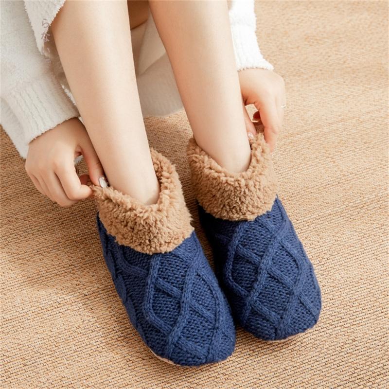 Unisex Thermal Knit Ankle Socks for Cold Weather Nonslip Grip Bottom Soles Floor Socks Thick Fleece Lined Slipper Socks