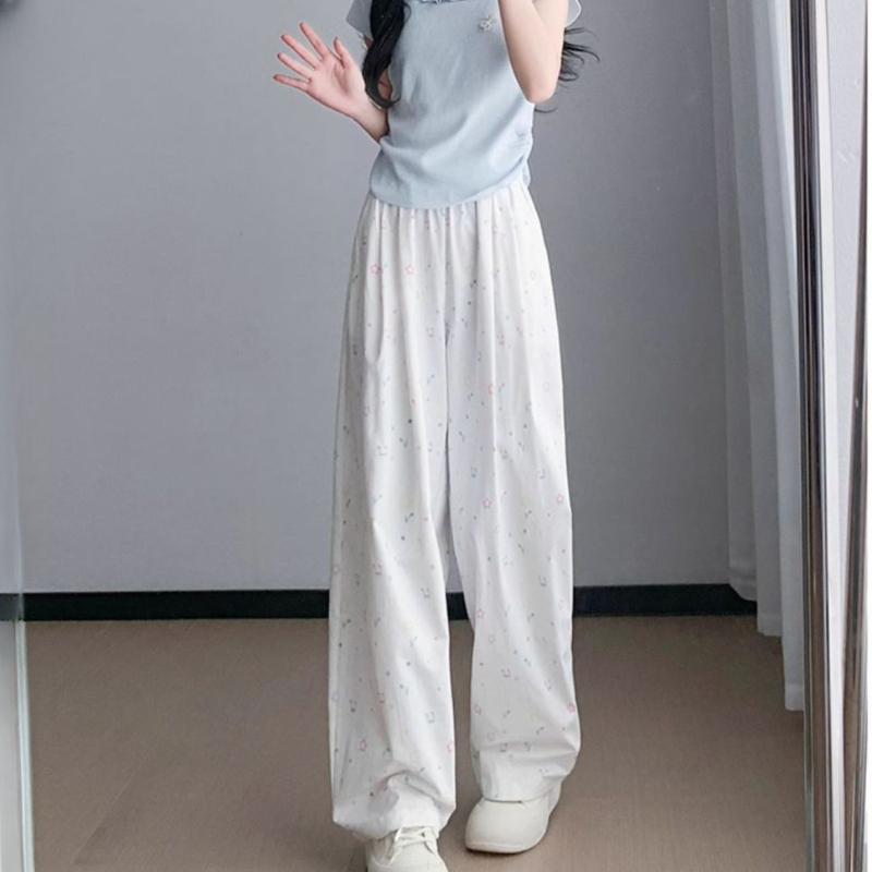 White Music Note Print Wide-Leg Pants for Women - Summer Premium Drapey Casual Strolling Ice Silk Floor-Length Trousers
