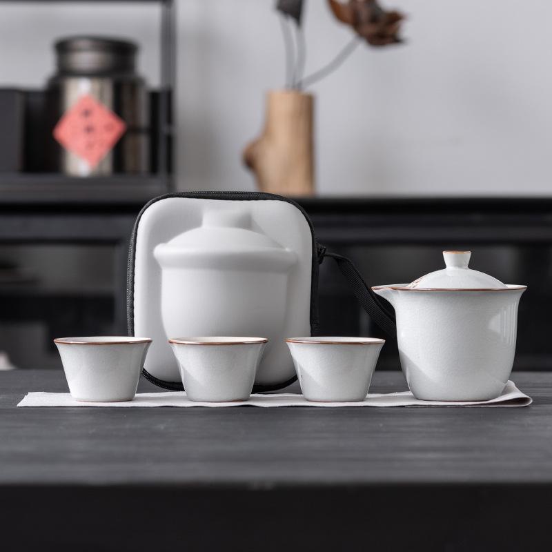 Light luxury Ru kiln open travel tea set outdoor portable one pot three cups high-end business practical