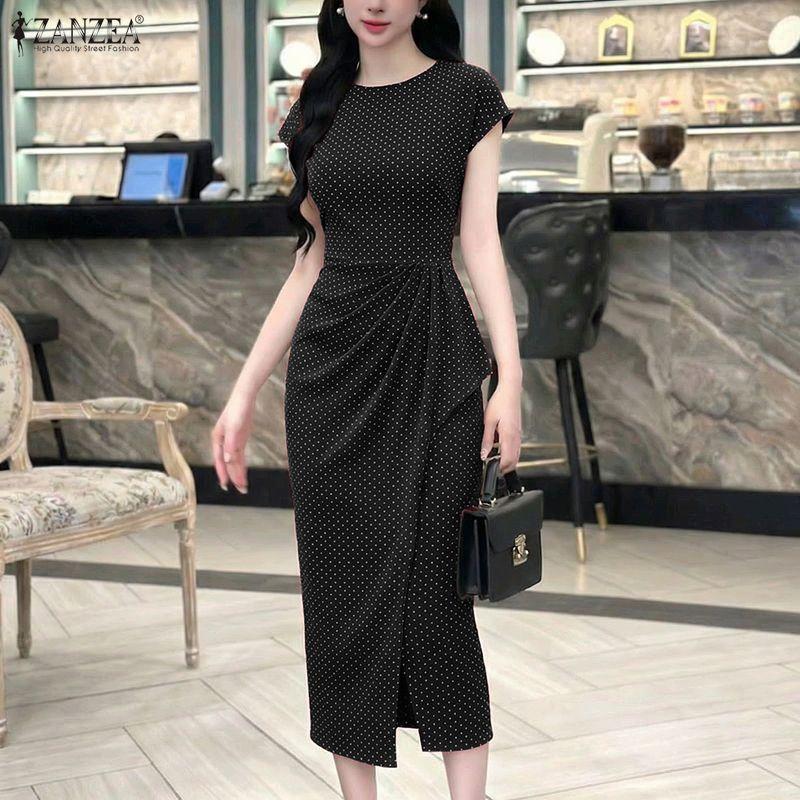 ZANZEA Women Casual Round Neck Short Sleeve Polka Dot Print Sheath Dress
