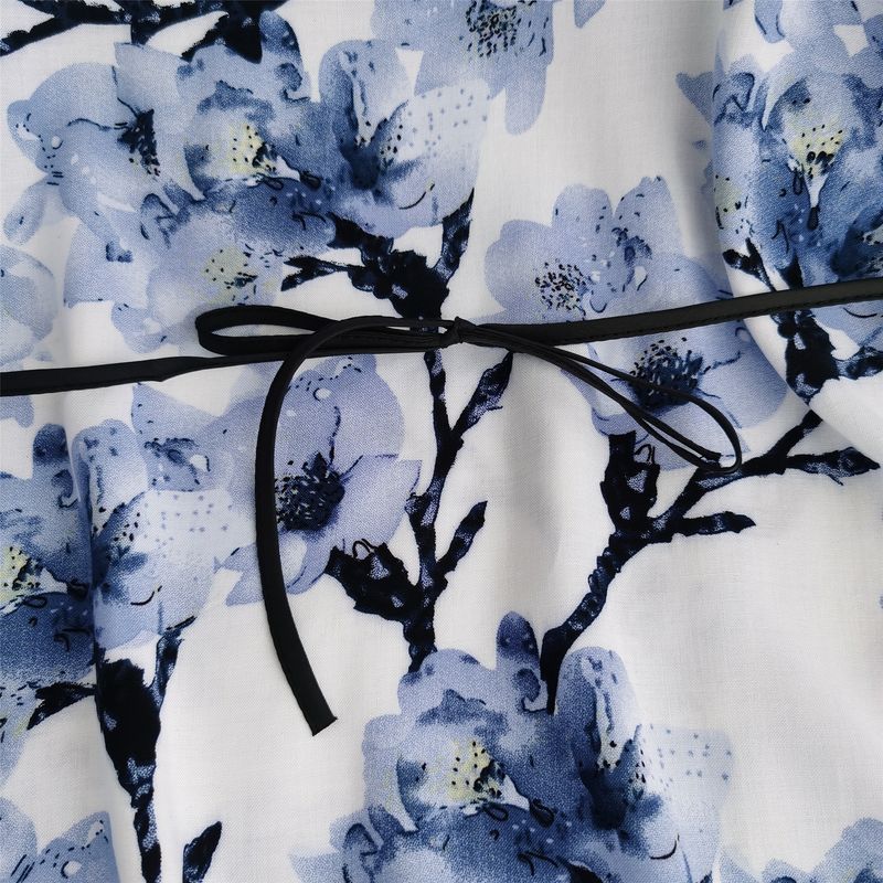 Silk Cotton Dress Home Wear Shoelace round Collar Skirt Special Treatment Blue and White Porcelain Chinese Ancient Style Cotton Nightgown Women