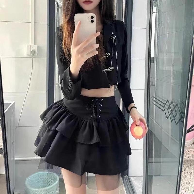 Women's Spring Autumn Ballet Style Puffy Casual Design-forward Slimming All-match Versatile Short Skirt Waist Mesh Petite Black Lace-Up JK Skirt