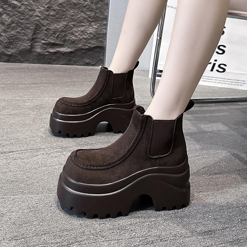 Fashion 9CM Women Ankle Boots Microfiber Leather High Platform Boots Autumn Winter Chunky Booties Slip On Short Punk Boots Sneakers