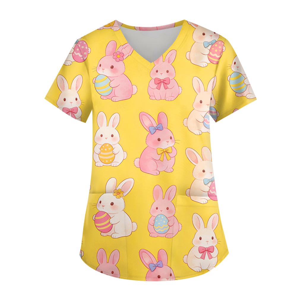 Ladies' Easter printed fashionable V-neck pocket short sleeved uniform and caregiver top