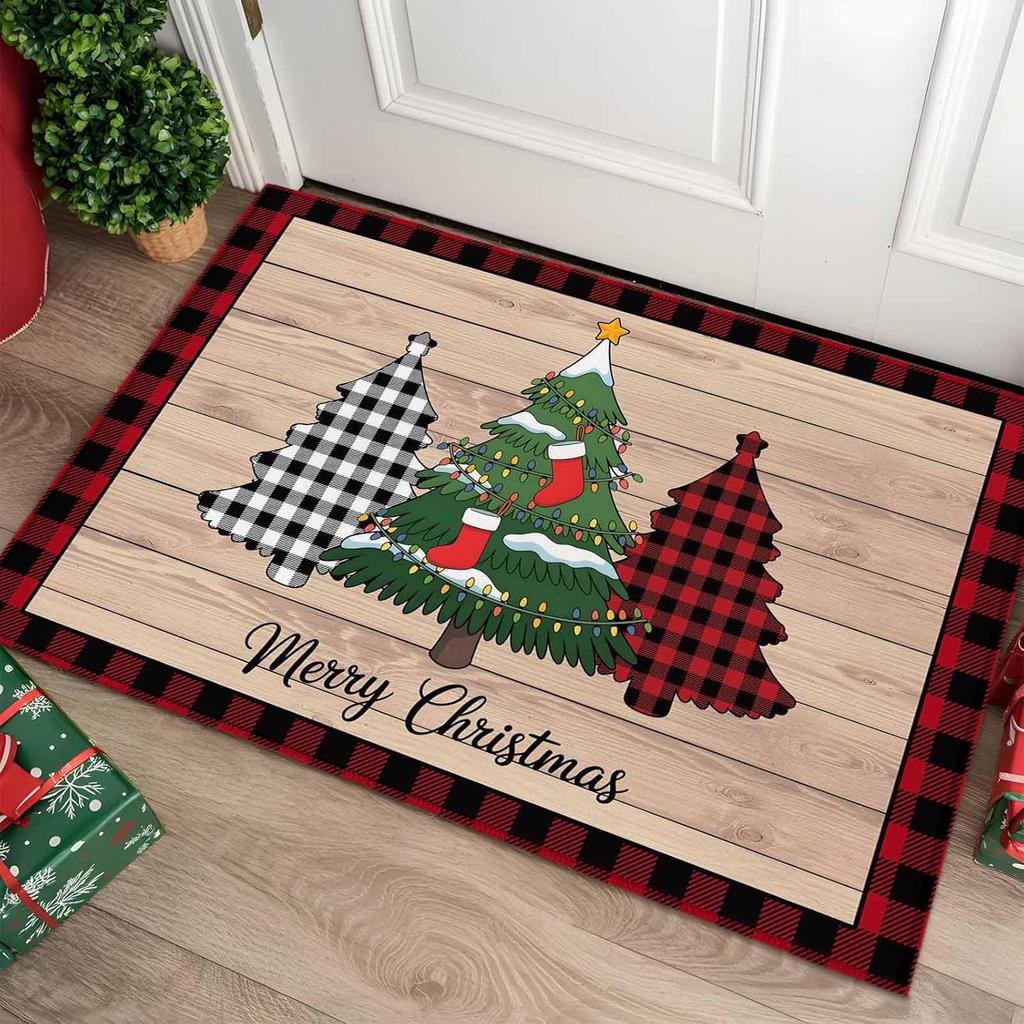 VIKAMA Retro Christmas Tree Entrance Rug Anti-Slip Kitchen Laundry Room Floor Mat Winter Welcome Door Mat Home Decoration