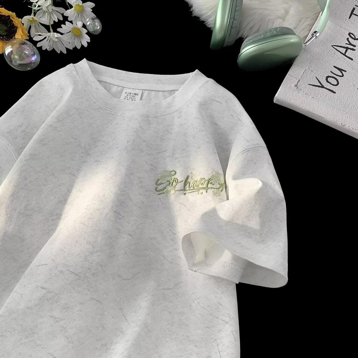 

Американский ретро свободный мужской модный простой вышитый топ с короткими рукавами хлопковая удобная легкая футболка с короткими рукавами M белый