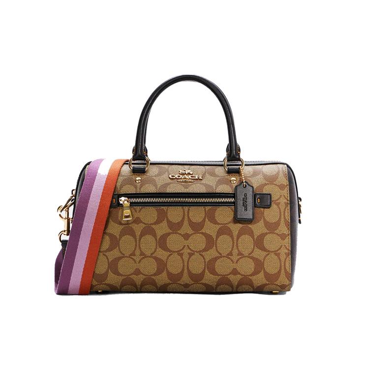 

New COACH Rowan Canvas With Leather Boston Bag, Shoulder Bag, Crossbody Bag Large Size Women s Coffee C7240-IMNOX 26.7*14.0*15.7CM