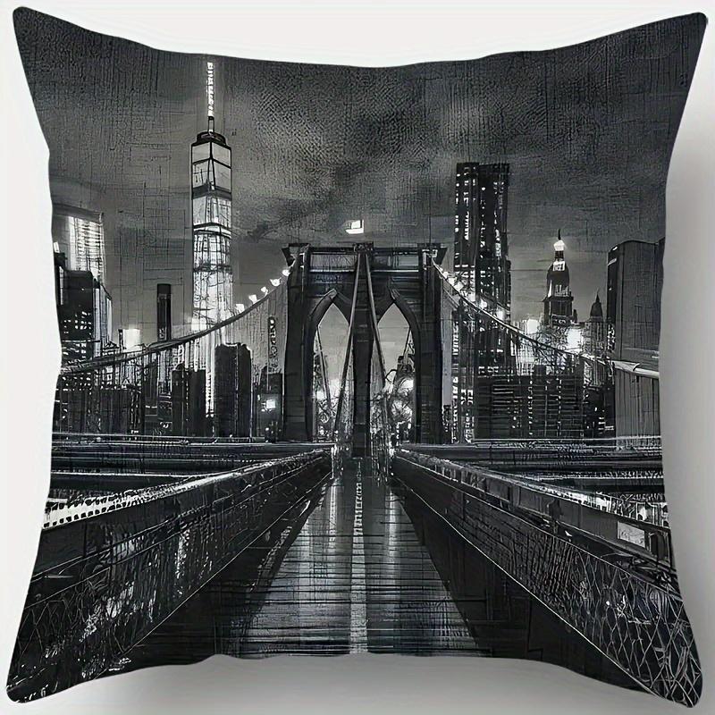 4 Sets Nachtansicht der Manhattan und Brooklyn Bridge Kissenbezüge, Kissenbezüge für städtische Wohnräume, mit Reißverschlüssen für Heimdekoration Kissenbezug