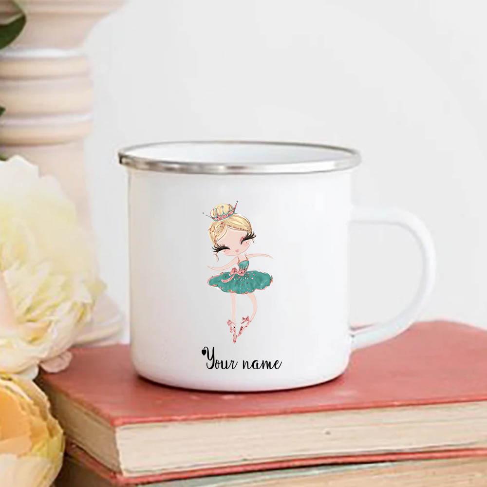 Personalized Name Ballerina Cups Custom Ballet Dance Hot Chocolate Juice Enamel Mug Girls Handle Mugs Birthday Children's Gifts