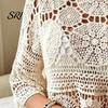 Top de ganchillo boho Cubre tops Ajuste holgado Cuello redondo Manga de tres cuartos Relajado Camisa de verano Tejido calado Playa Bohemio Dobladillo con borlas Ligero
