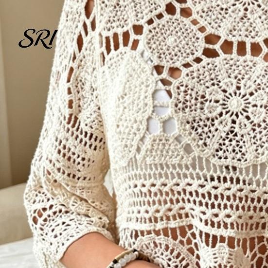 Top de ganchillo boho Cubre tops Ajuste holgado Cuello redondo Manga de tres cuartos Relajado Camisa de verano Tejido calado Playa Bohemio Dobladillo con borlas Ligero