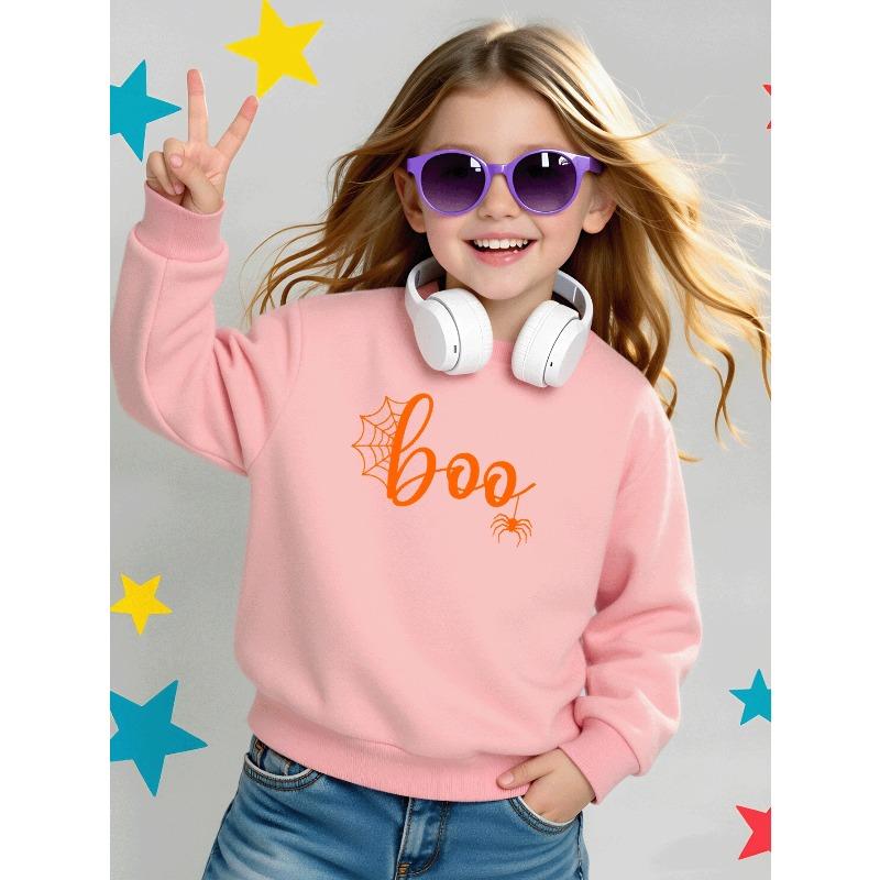 Boo Spider Web Halloween Design 2026 New Girls' Long-sleeve Casual Crewneck Sweatshirt, Suitable for Outdoor Sports and