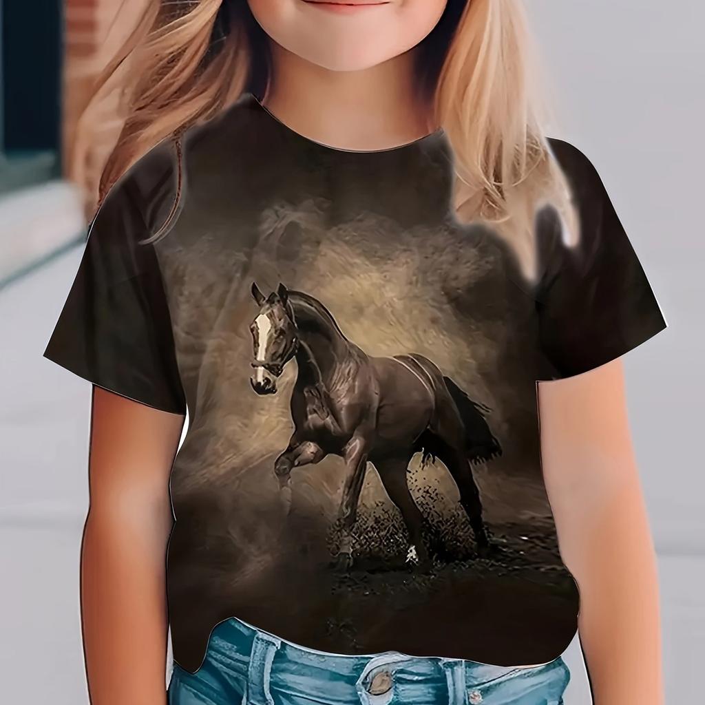Children's Clothing Girl T-Shirt Short Sleeve Stylish 3D Horse Printed Kids Summer Clothes Casual Round Neck Girl Clothes Tops