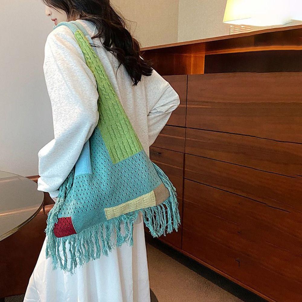 Casual Hollow Crochet Bag Soft Commuting Tote Bag Trendy Boho Style Handbag Outdoor
