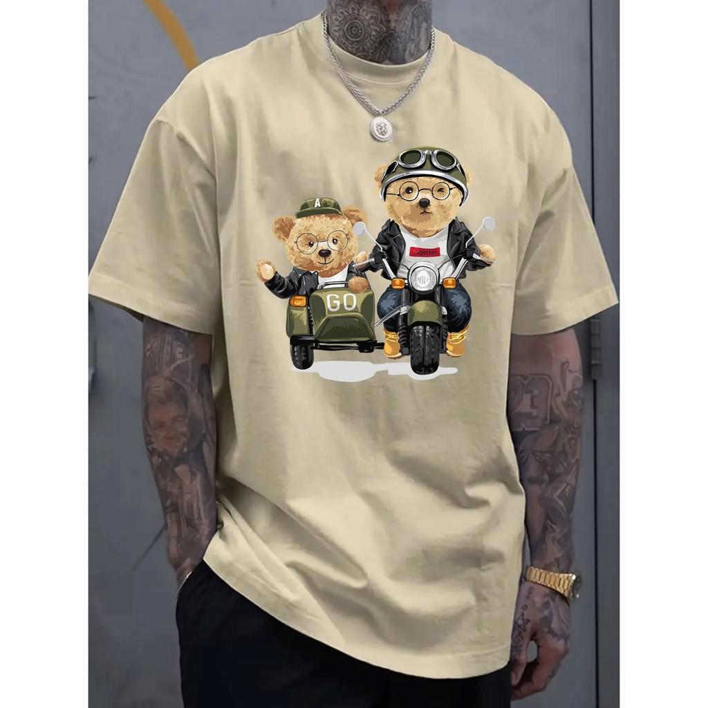 Summer 100 Cotton Fashionable Casual Sports Loose Cartoon Bear Pattern Printed Round Neck Short Sleeved Men's T-shirts