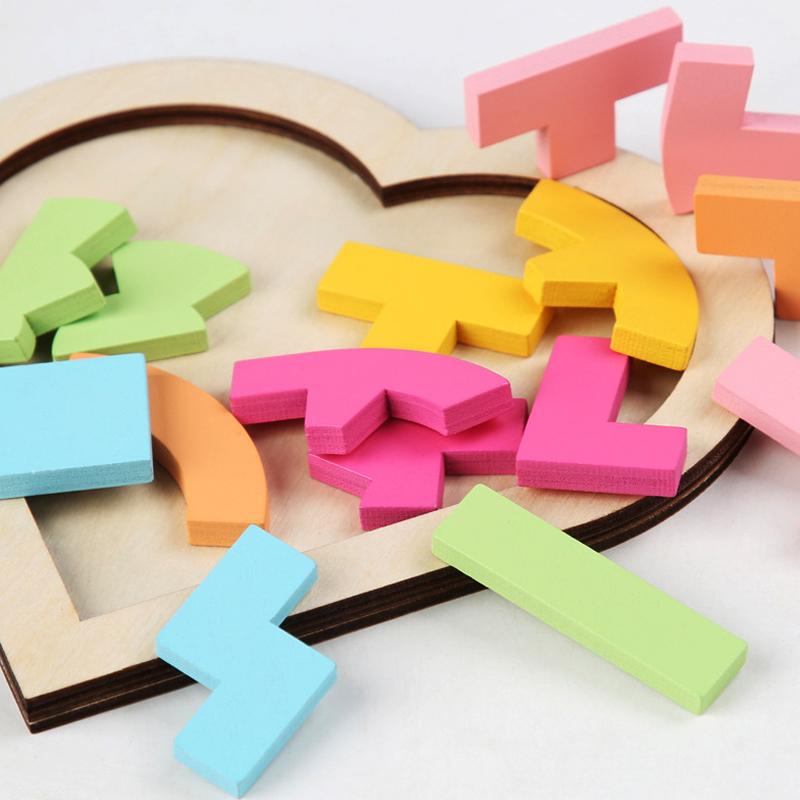 Dětská dřevěná 3D logická hra Barevná Jigsaw Tangram Matematické hračky Tvar srdce Dětské Montessori vzdělávací hračky