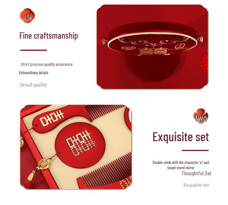 Double Happiness Red Wood Bride Gift Set: Mirror & Comb Collection