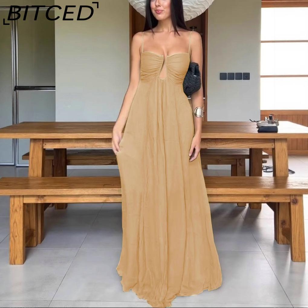 BITCED Summer Sexy Spaghetti Strap U-Neckline Resort Maxi Dress with Full Skirt