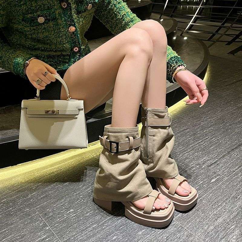 Designer Women's Cool Boots Fashion Belt Buckle Mid-calf Boots 2026Summer New Gladiator Sandals Open-toed Thick Heeled Sandalias