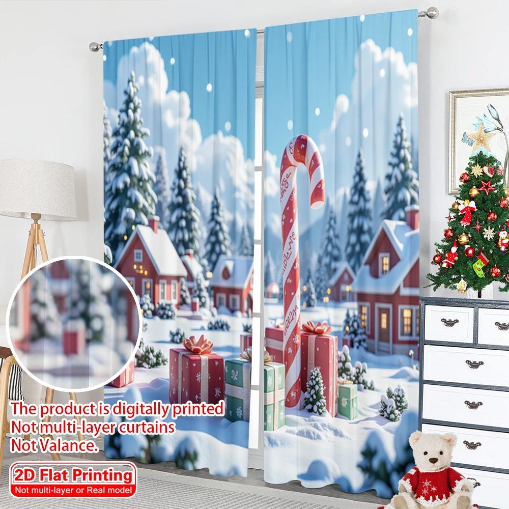 2pcs 2D Flat Printing Merry Christmas Popular Window Curtains North Pole Christmas Village Gifts Polyester Without Electricity
