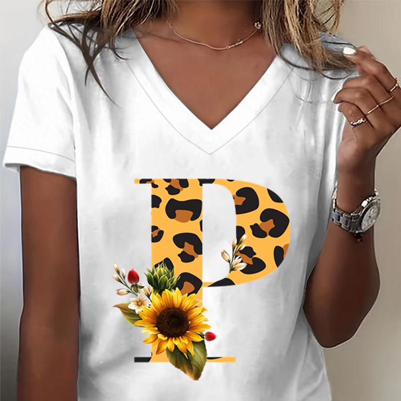 Unisexs Vneck Tshirt Sunflower Leopard Print Letter R Graphic Tee Watercolor Flower Leopard Print Tshirts Az 26 Alphabet Top