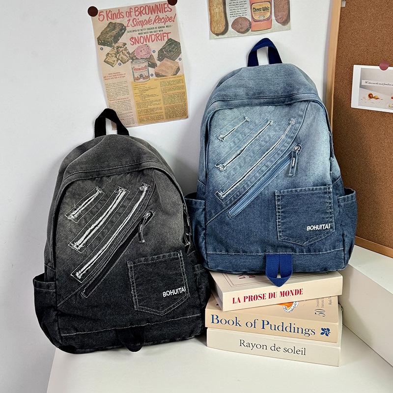New casual denim student schoolbag Japanese old retro washed denim backpack large capacity bag