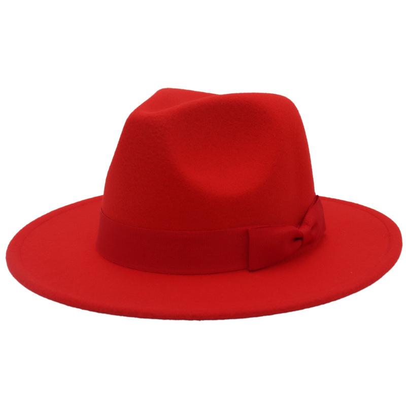 Europäischer und amerikanischer Stil Jazzhut Herbst und Winter Hut mit großem Schirm Mode Schleife Flacher Rand Zylinderhut Herren und Damen Wollfilzhut