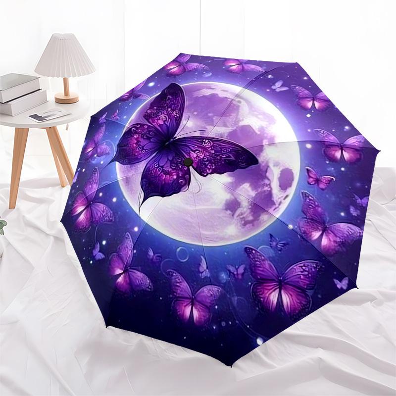 1pc Purple Moonlit Butterflies Umbrella with Plastic Handle,Suitable for All Seasons UmbrellaPT504
