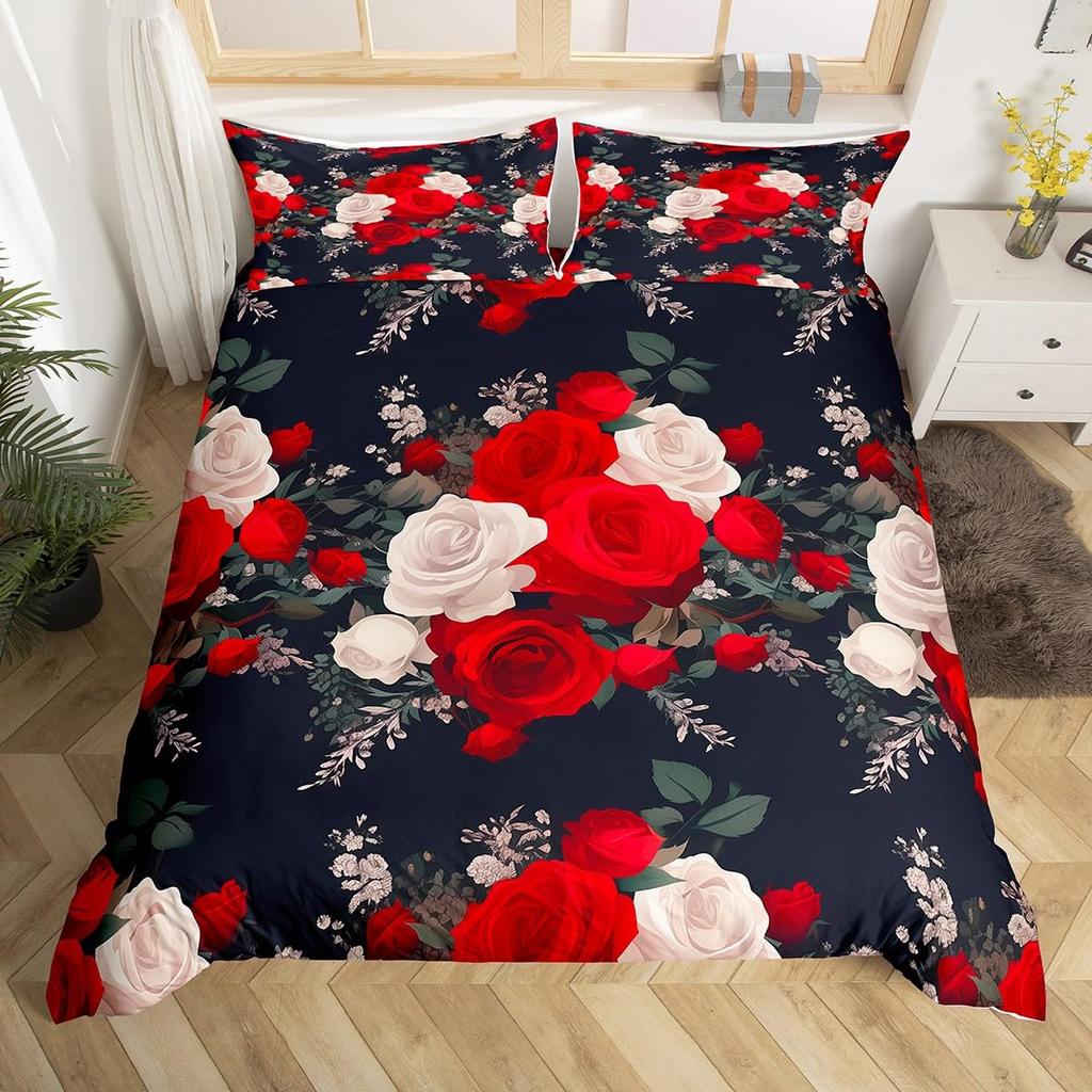 Rose Floral Duvet Cover Queen Twin for Women Girls Couple 3D Red Rose Wine Glass Bedding Set Luxury Botanical Comforter Cover