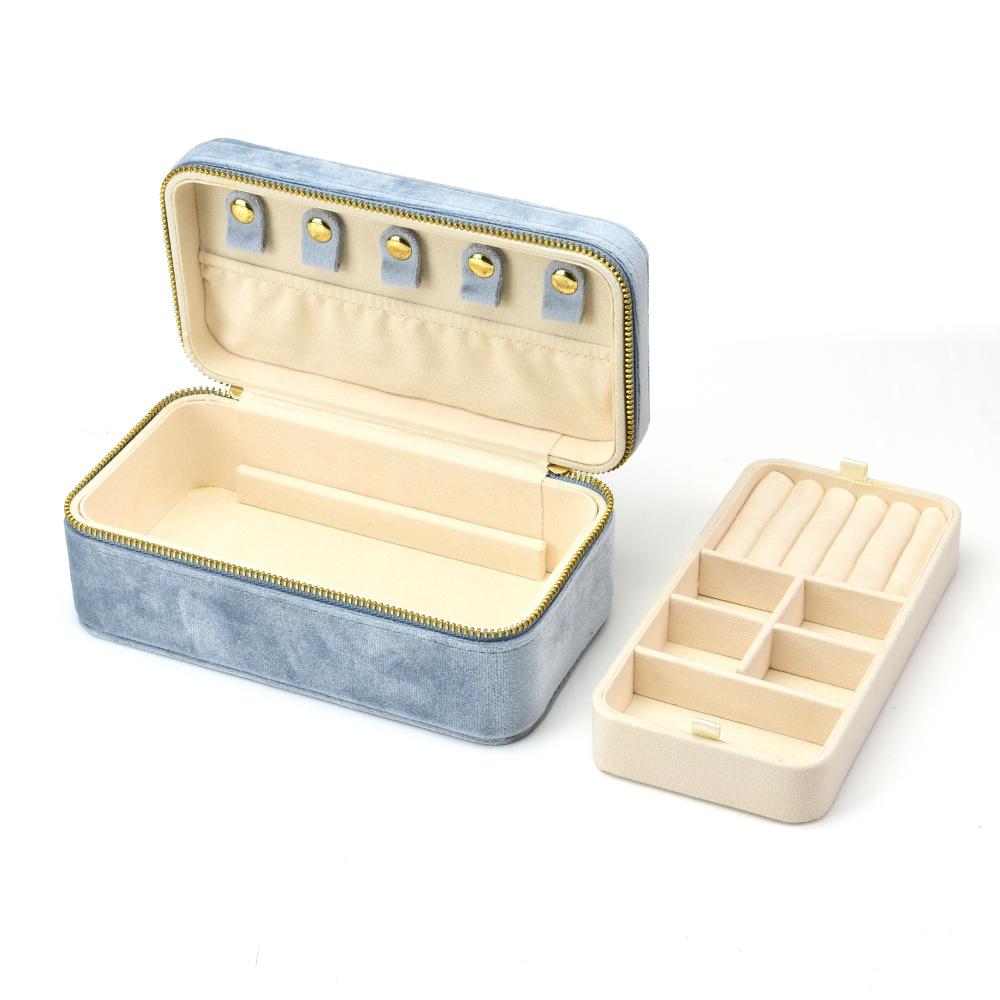 Double Layer Luxury Velvet Zipper Jewelry Box Removable Tray Portable Rings Necklaces Earrings Jewelry Storage Box Custom Logo Velvet
