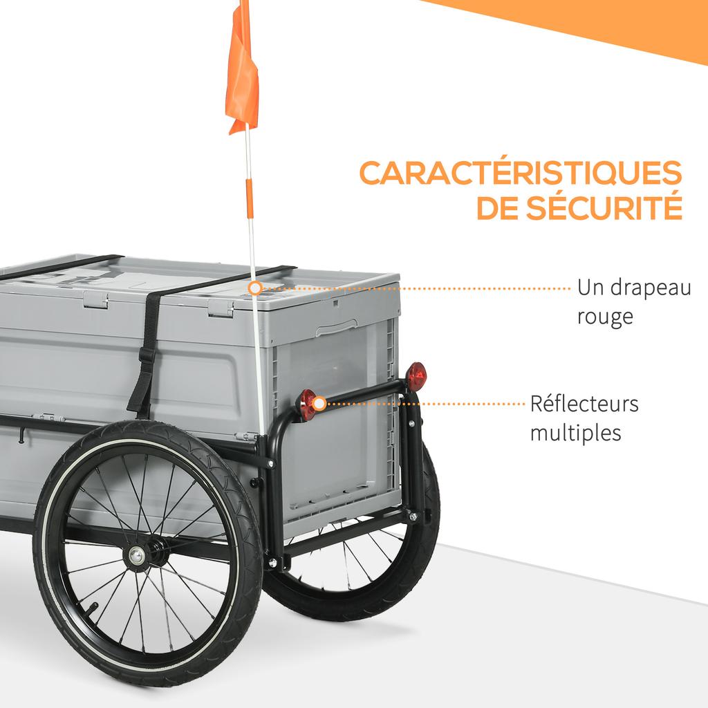 Carrellino per Bici con Scatola Portaoggetti Rimovibile e Pieghevole da 65L, Riflettori di Sicurezza, Max. Carico 40KG, Grigio
