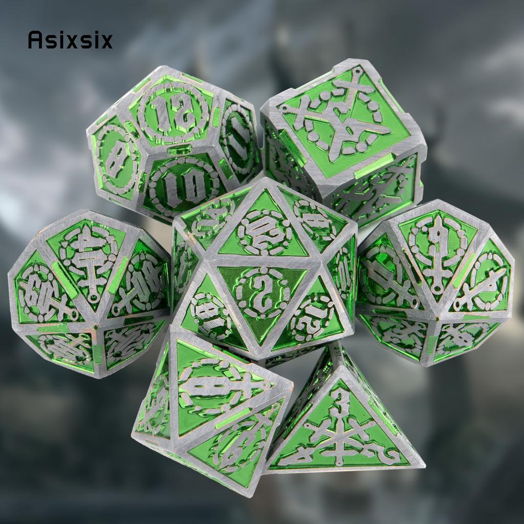 7 Pcs Green Silver Double Swords Metal Dice Solid Polyhedral Dice Set Suitable for Role-Playing RPG   Pathfinder Board Game