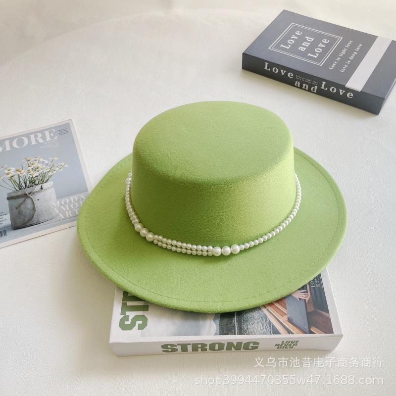 Pearl Chain Flat Top Top Hat Women's Autumn and Winter Warm Woolen Felt Hat Celebrity Retro British Small Fragrant Shopping Fashion Hat