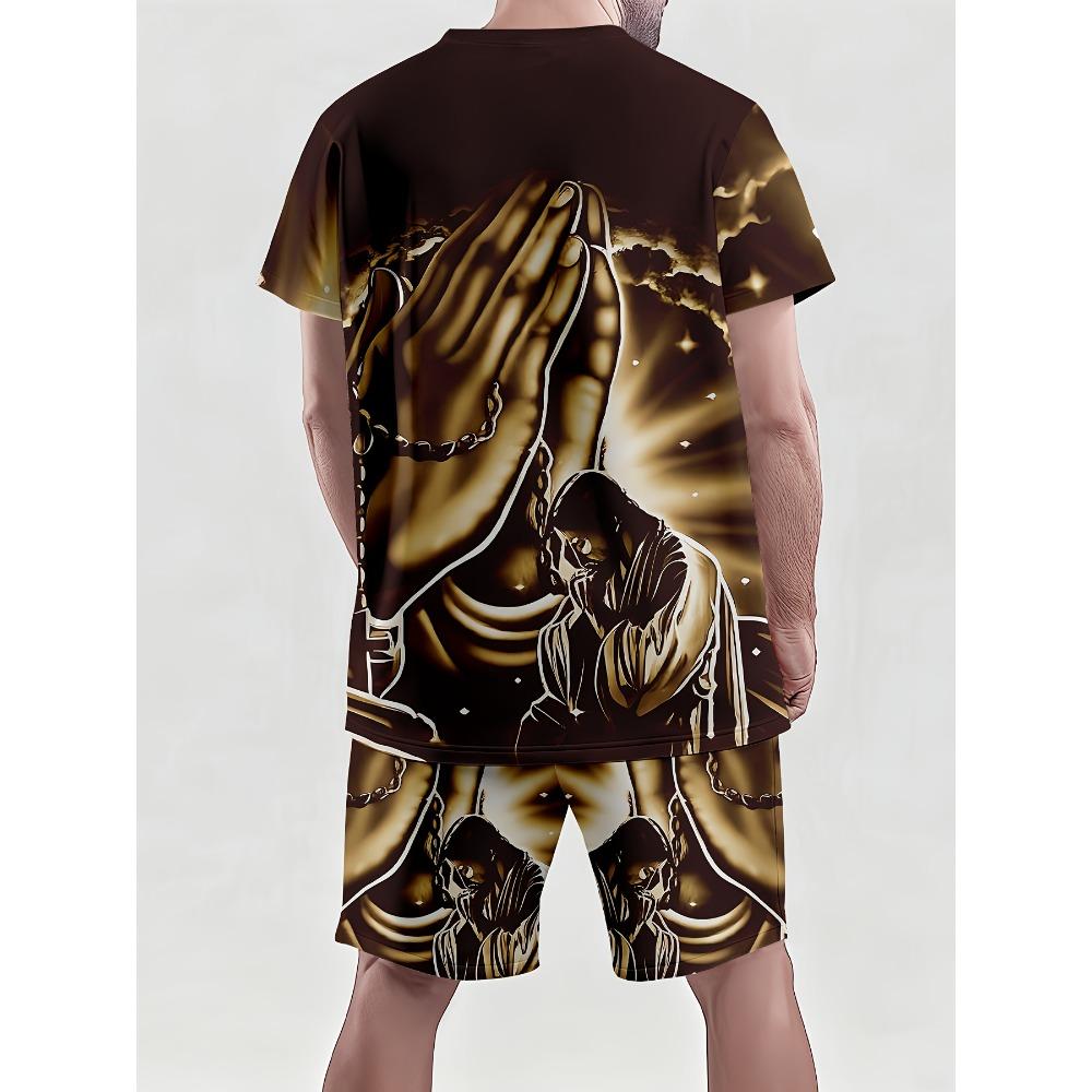 Men's 3D Digital Printing Round-neck Short-sleeved Set - Dark Style Prayer Hand Print - European-American Religious Style Set