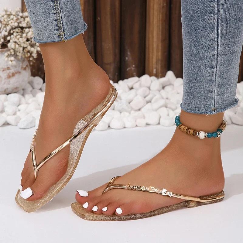 2025 Summer Casual Fashion Round Toe Wedge Translucent Comfortable Open Toe Anti-Slip Wear-Resistant Flip Flop