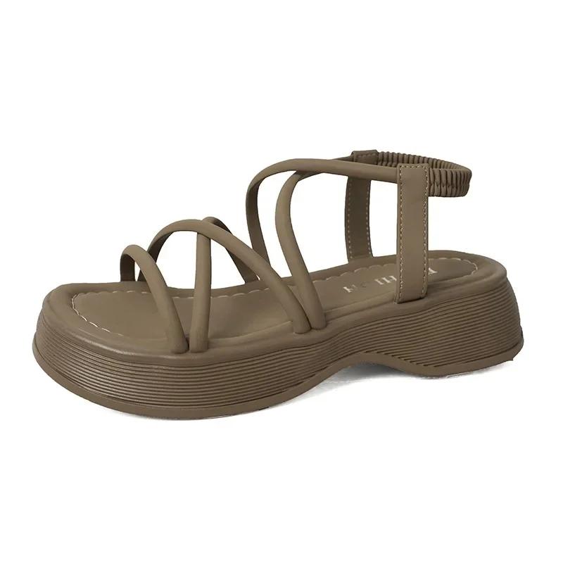 Fashion Women's Fashion Elasticated Sandals Korean Style Solid Colour Casual Round Toe Slippers Thick Bottom Lightweight Wedges Shoes