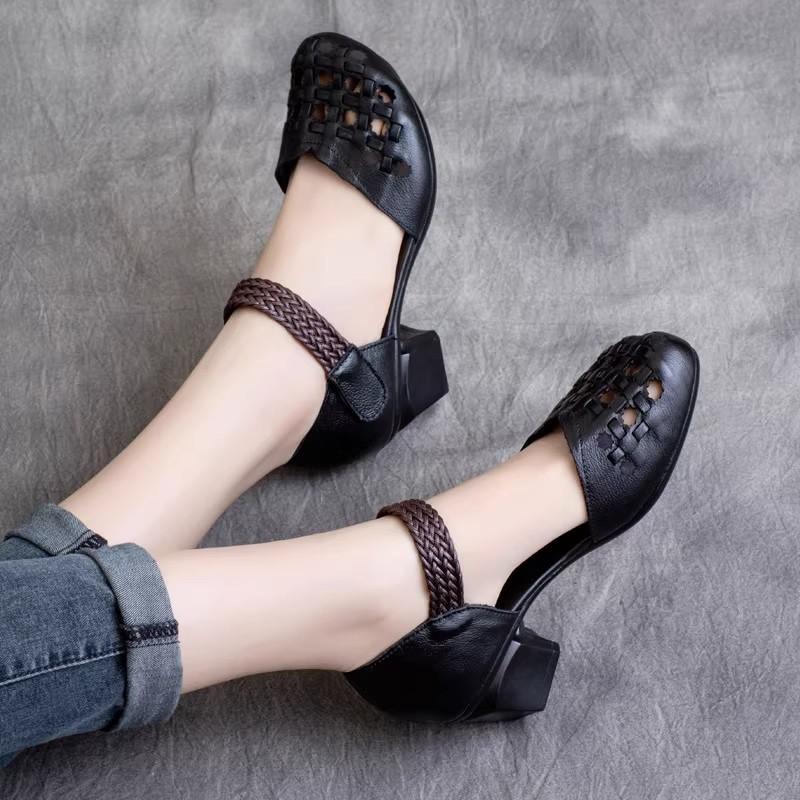 Fashion GKTINOO 2025 Summer New Retro Genuine Leather Shoes Woman Retro Hollow Sandals Female Hook & Loop Thick Heels Women's Shoes