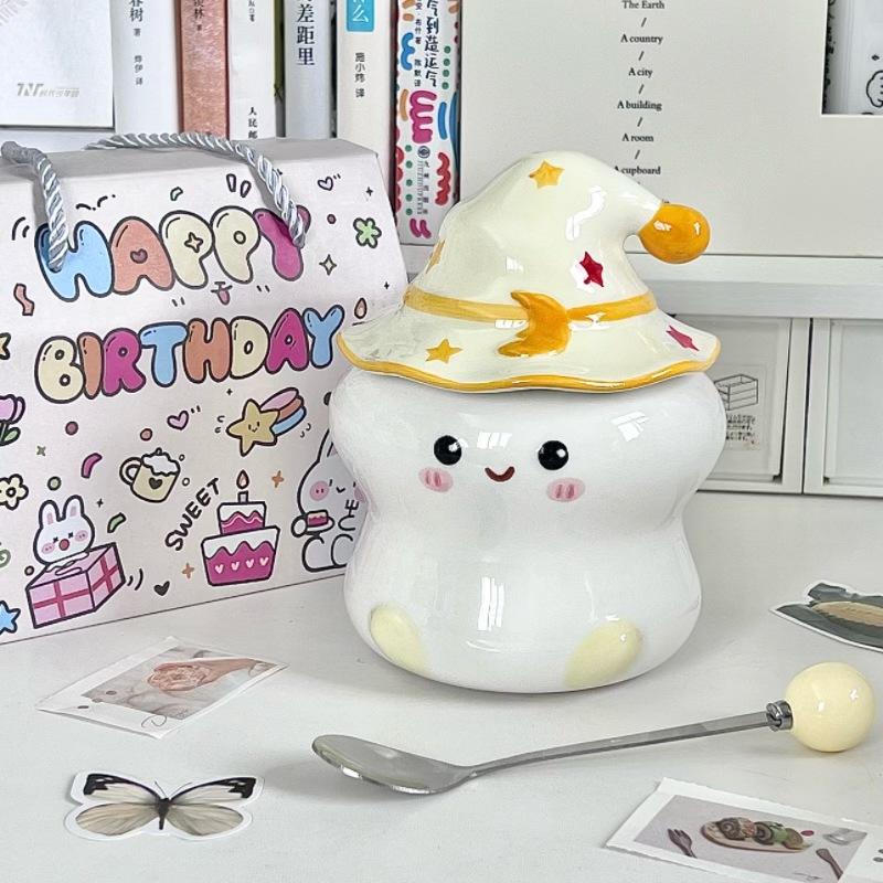 Cute ghost mug with lid spoon high value girl birthday gift office ceramic water cup souvenir