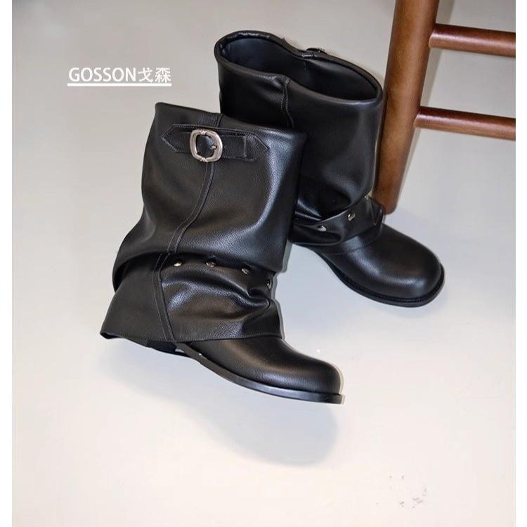 

Брюки Spice Girls Ботинки Женские 2025 Клепки Плиссированные Ботинки на Платформе Черные Ковбойские Ботинки Вестерн Короткая Пряжка Ремня Ботинки Мартин 40 чёрный