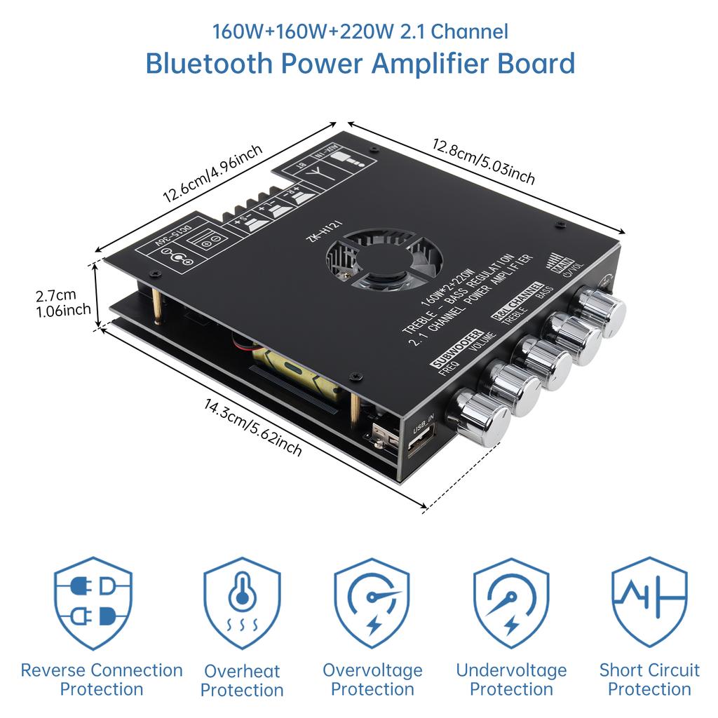 ZK-HT21 TDA7498E 2.1 Channel 160Wx2 220W Subwoofer bluetooths Amplifier Board High Power Car Audio DIY Speakers Treble Control DC15-36V Stereo
