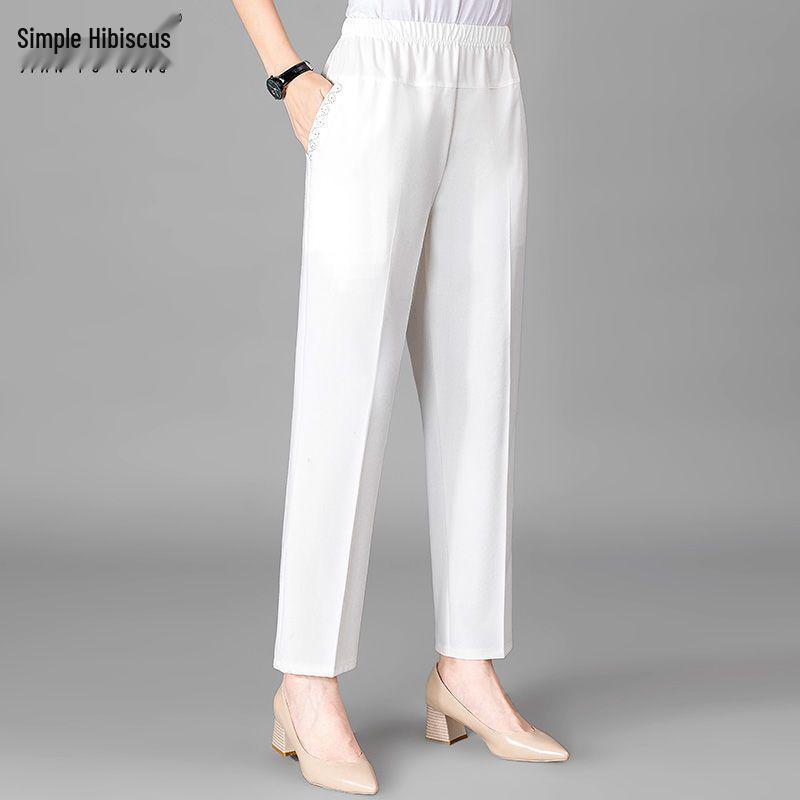 

Mom s Lightweight Cotton & Linen High-Waist Straight-Leg Pants, Elastic Waist, Casual Summer Pants for Middle-aged and Elderly Women XL (101-115 jin) белый