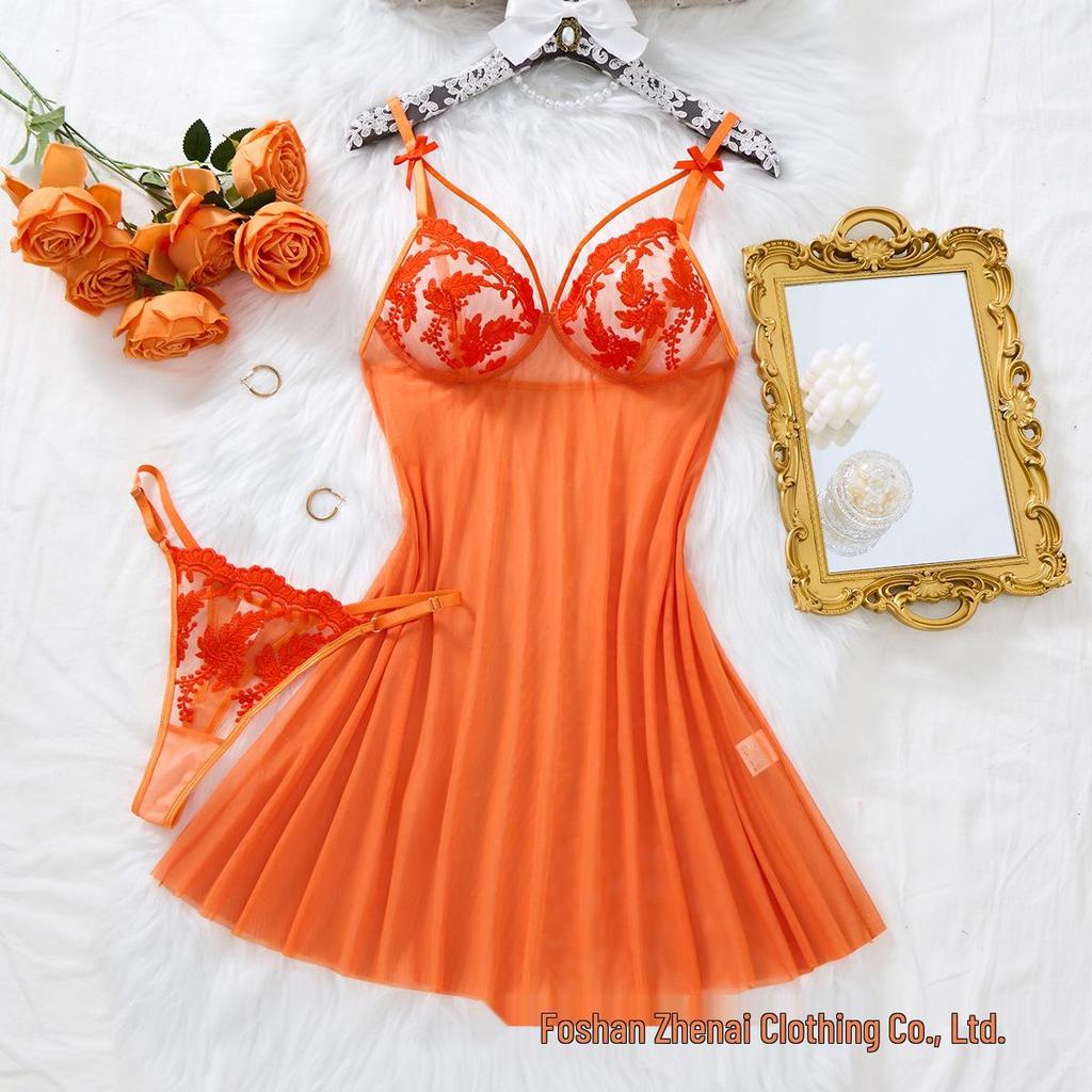 Multi-Color Bow Wheat Ear Embroidered Deep V See-Through Lingerie Set with T-Back