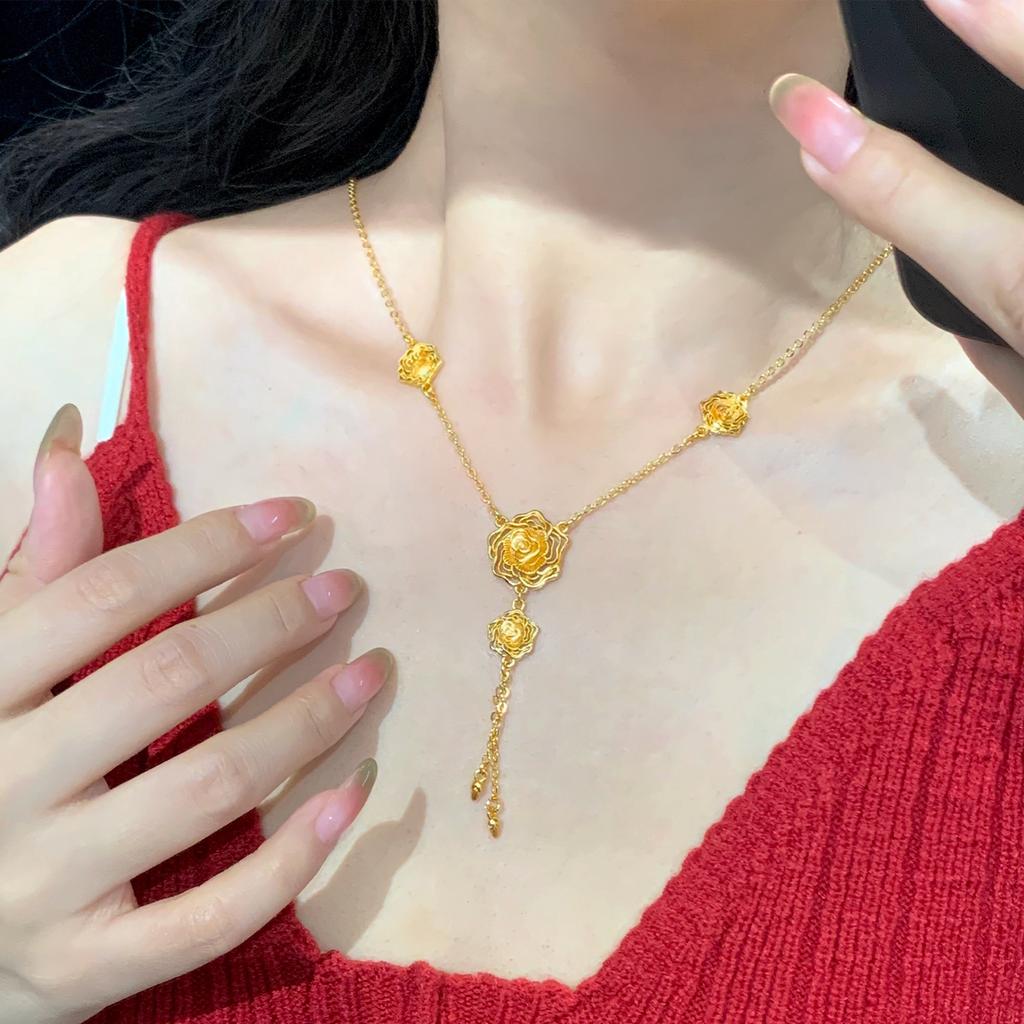 שרשרת תליון ורד מלופף מזהב טהור 24K 9999 יוקרתי לנשים