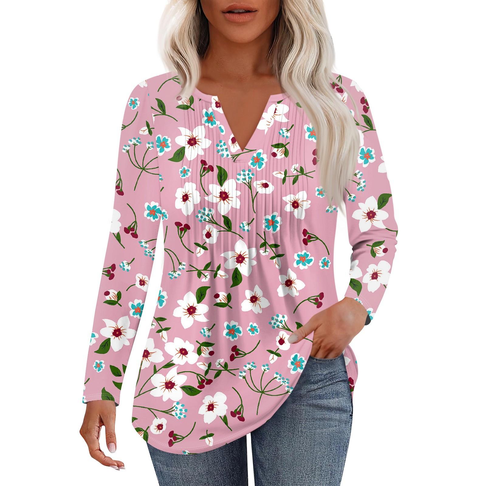 

Женская Мода Повседневная Плиссированная Футболка с V-образным Вырезом Однотонная с Длинным Рукавом Элегантные Топы S розовый