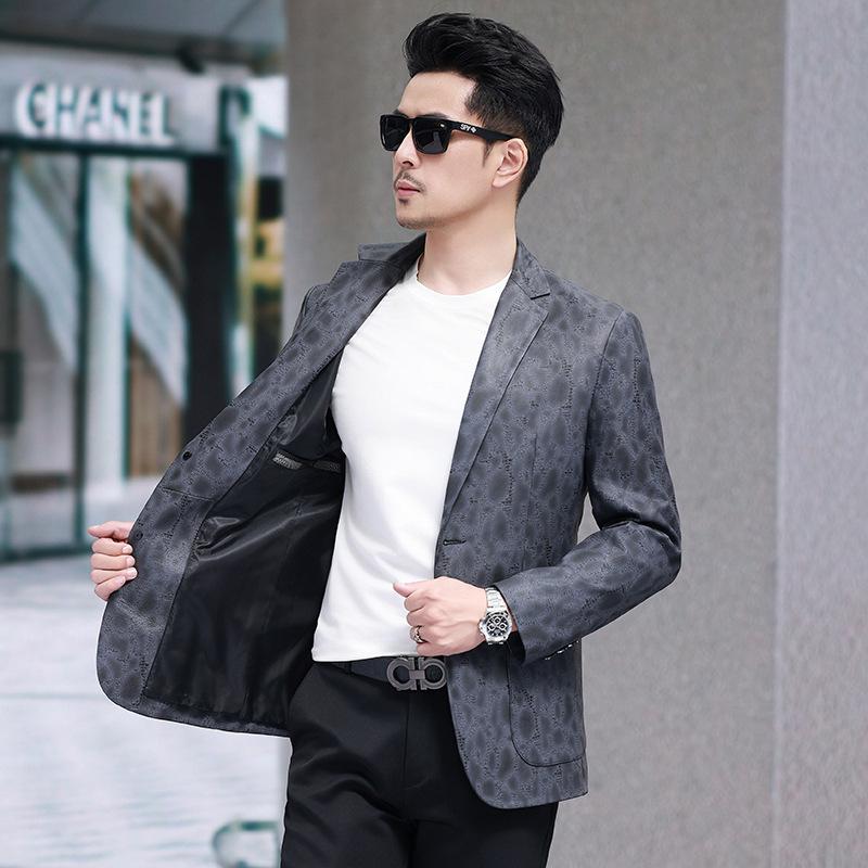 Spring and Autumn Genuine Leather Jacket Men's First Layer Cowhide Printed Suit Business Casual Men's Jacket Dad's Wear